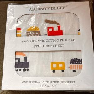 Addison Belle Organic 100% Cotton Percale Fitted Crib Sheet Choo Choo Trains NEW